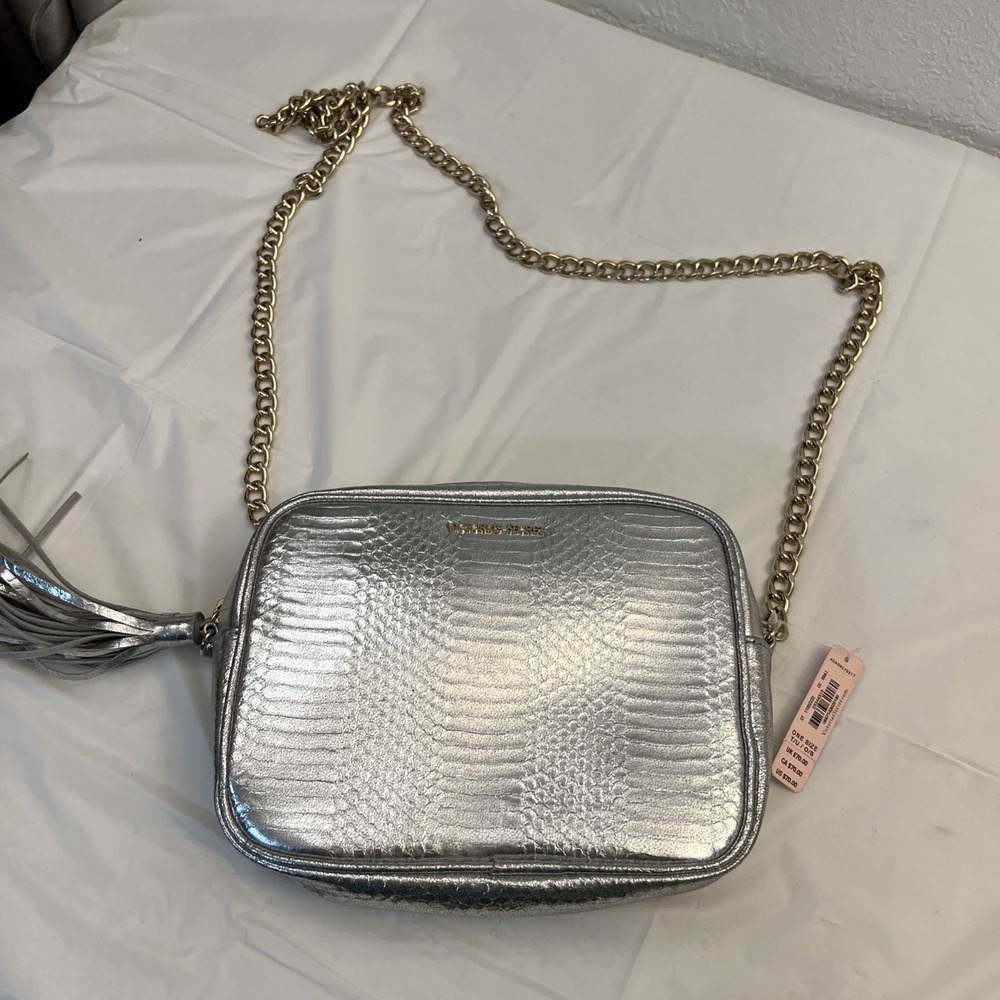 Victoria's Secret Tassel Chain Strap Crossbody Shoulder Bag Metallic Silver NWT‎